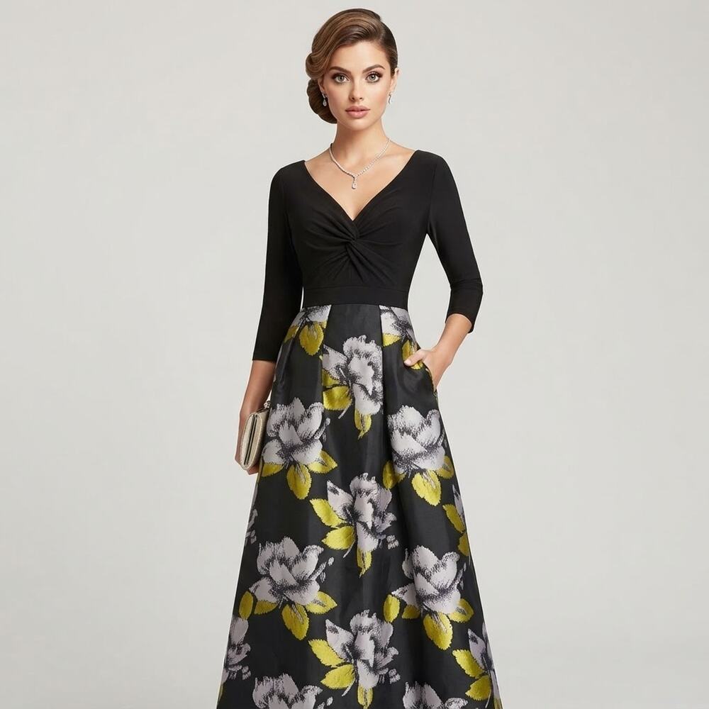 Adrianna Papell Floral Jacquard Gown Dress 4 Black Formal Special Occasion VNeck